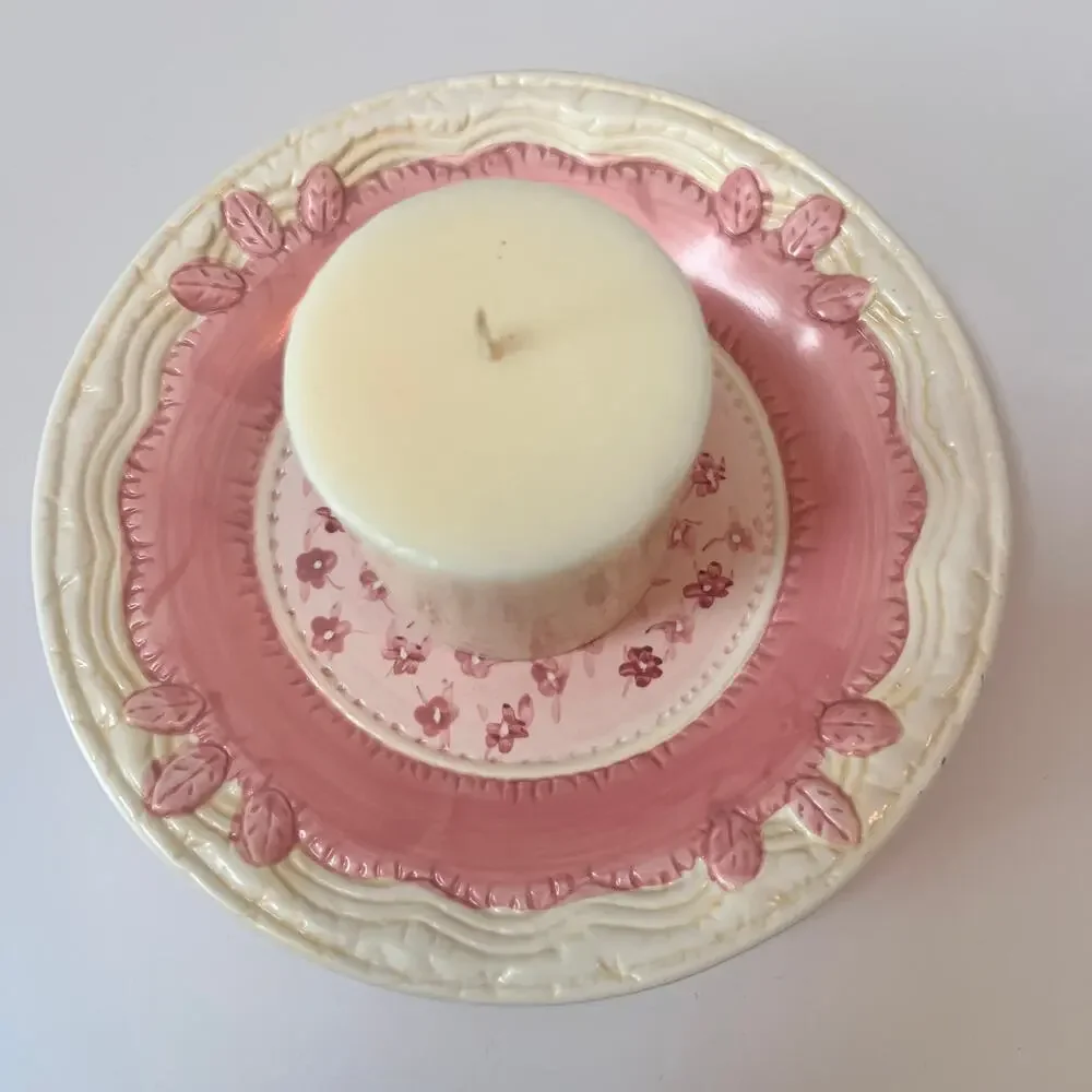 Yankee Candle Pink Floral Ceramic Candle Plate Tray Holder 8” Raised Leaf Border